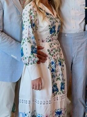 White Midi Dress with Blue & Green Floral Print